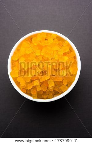 Sweet Fruit Candy Also Know As tutti-frutti, Candied Fruits served in a bowl used in masala pan in india or in cakes or sweets
