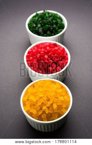 Sweet Fruit Candy Also Know As tutti-frutti, Candied Fruits served in a bowl used in masala pan in india or in cakes or sweets