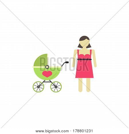 Woman with pram flat icon, mother's day, mom with stroller vector graphics, a colorful solid pattern on a white background, eps 10.