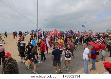 Huntington Beach, CA - March 25 2017: Make America Great Again March. Thousand of Supporters of republican president Donald Trump, march and wave flags, at a MAGA March in Huntington Beach. 




