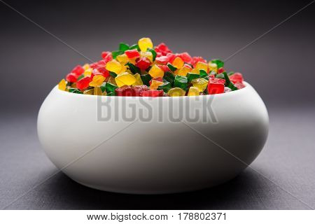 Sweet Fruit Candy Also Know As tutti-frutti, Candied Fruits served in a bowl used in masala pan in india or in cakes or sweets