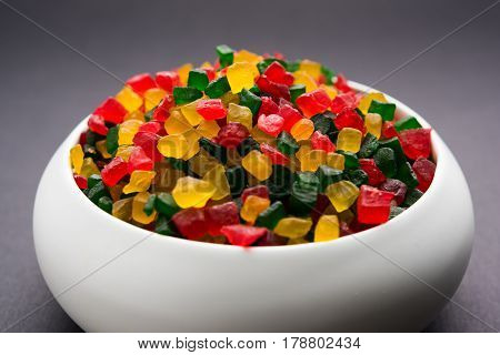 Sweet Fruit Candy Also Know As tutti-frutti, Candied Fruits served in a bowl used in masala pan in india or in cakes or sweets