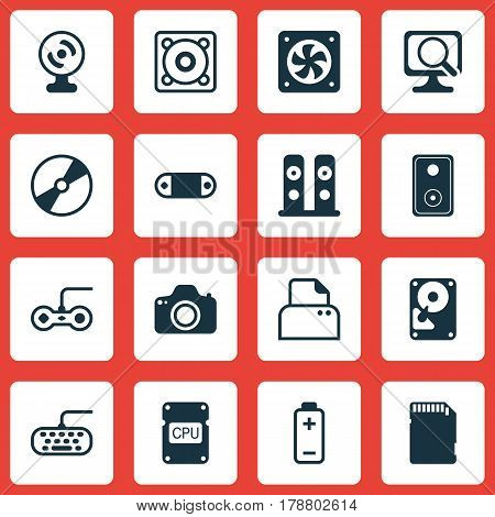 Set Of 16 Computer Hardware Icons. Includes Joystick, Battery, Cd-Rom And Other Symbols. Beautiful Design Elements.