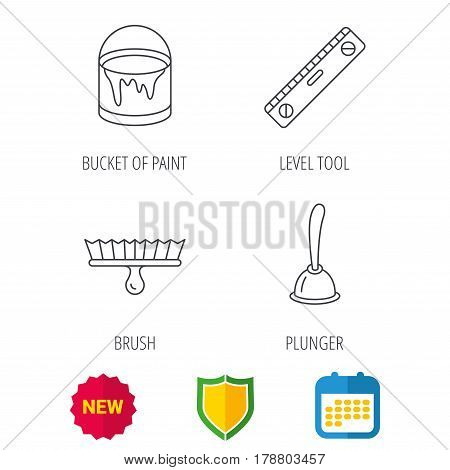 Level tool, plunger and brush tool icons. Bucket of paint linear sign. Shield protection, calendar and new tag web icons. Vector