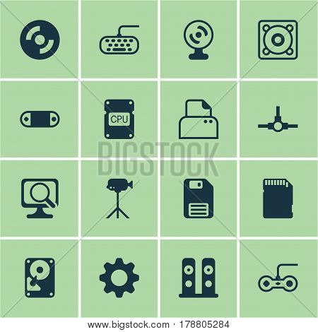 Set Of 16 Computer Hardware Icons. Includes Web Camera, Laptop, Hdd And Other Symbols. Beautiful Design Elements.