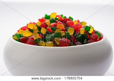 Sweet Fruit Candy Also Know As tutti-frutti, Candied Fruits served in a bowl used in masala pan in india or in cakes or sweets