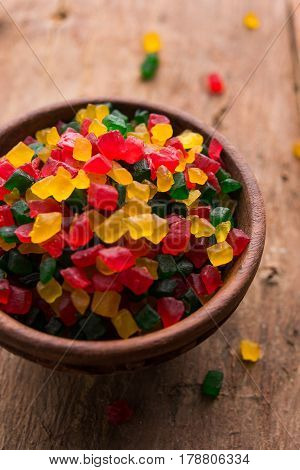 Sweet Fruit Candy Also Know As tutti-frutti, Candied Fruits served in a bowl used in masala pan in india or in cakes or sweets