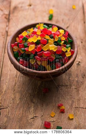Sweet Fruit Candy Also Know As tutti-frutti, Candied Fruits served in a bowl used in masala pan in india or in cakes or sweets