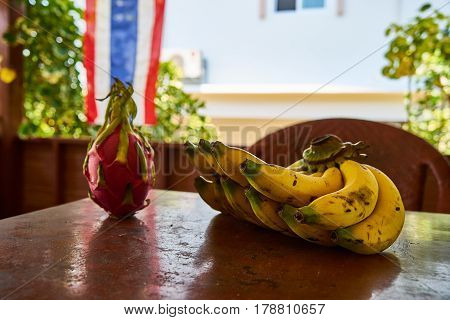 Pitaya And Bananas On A Table