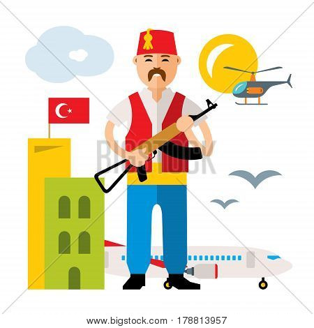 Man with a gun in traditional dress. Isolated on a white background