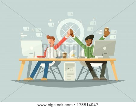 Joy of colleagues. Success of two partners in project. Vector illustration