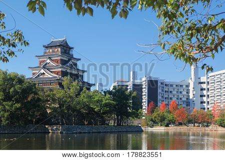 Hiroshima Castle with blue sky in autumn, Hiroshima - Japan