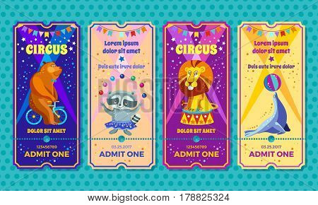 Circus big show with trained animals entrance ticket template. Invitation coupon with bear on a bike, raccoon-juggler, performing Lion, seal-equilibrist. Vector illustration.
