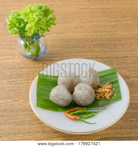 Thai Traditional Dessert Thai Steamed Tapioca Balls Made From Glutinous Rice Filled with Minced Pork and Sweet Pickled Daikon Radish.
