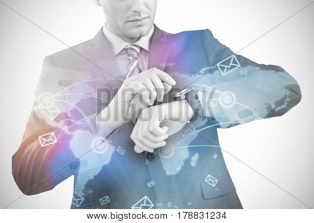 Businessman checking smart watch against futuristic technology interface 3d