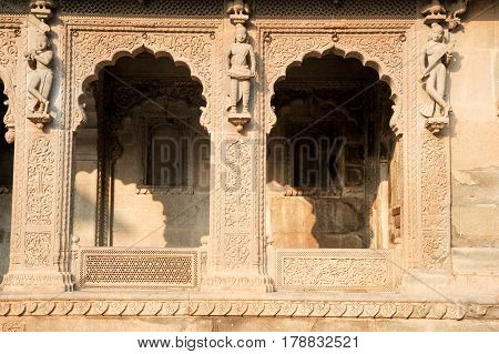 Maheshwar, India - 3 February 2015: Detail of temple palace at Maheshwar on India