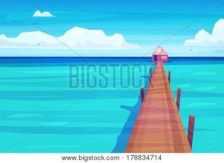 Holidays by the sea. Backgrounds of the beautiful ocean and house. Vector stock illustration . Natural landscape graphics.