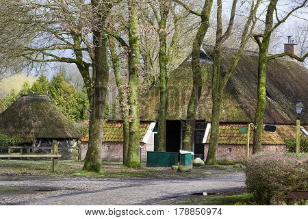 Street with historic farm in Orvelte in the Netherlands