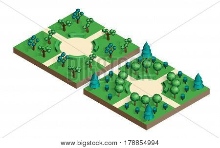 Isometric view projection summer landscape. Nature appearance of park with trees. Set of two locations. Stock vector.