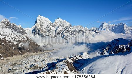 Majestic View Of The Himalayan Mountains From Mt. Gokyo Ri. Mountain Range Covered With Snow On The