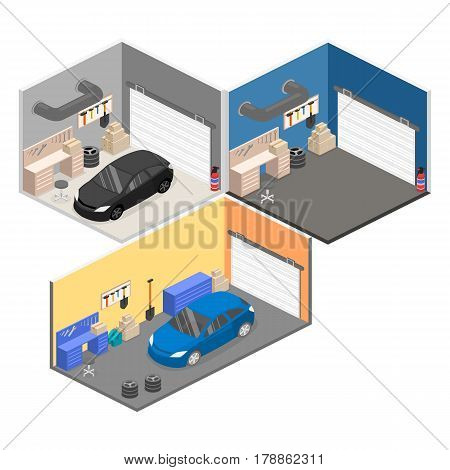 Isometric Flat 3Dinterior Working Place With Tools In Garage.