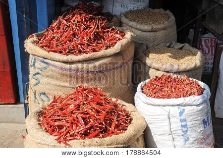 Mysore India - 23 January 2015: Red chili peppers at the market of Devaraja at Mysore on India