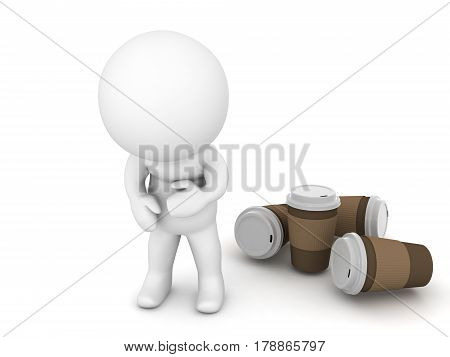 3D character is sick from drinking too much coffee and is holding his stomach.
