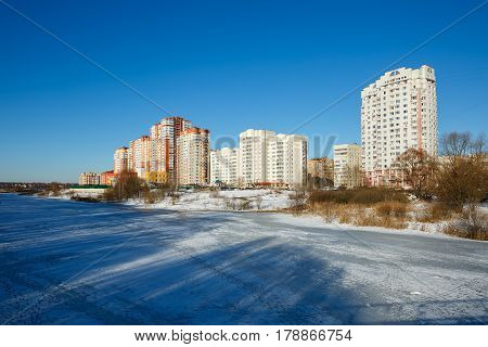 A new residential district with a kindergarten on the banks of the river Pekhorka. Balashikha, Moscow region, Russia.