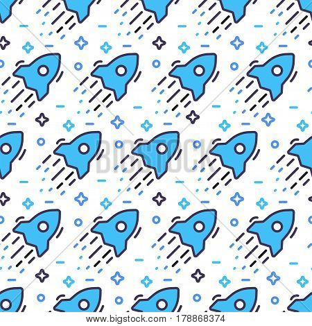 Space seamless pattern with rockets and stars isolated on white background