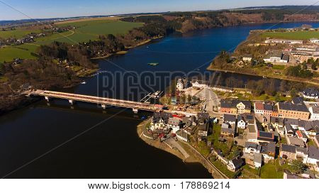 aerial view saalburg thuringia germany saale river town panorama