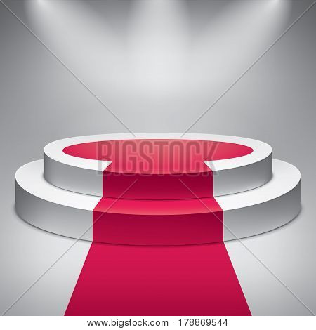 Empty round podium. Red carpet. Award ceremony. 3d vector design object