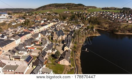 aerial view saalburg thuringia germany saale river town panorama