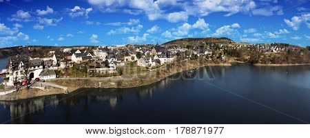 aerial view saalburg thuringia germany saale river town panorama