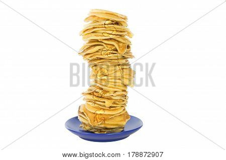 Pancakes stacked in a pile on white background isolated