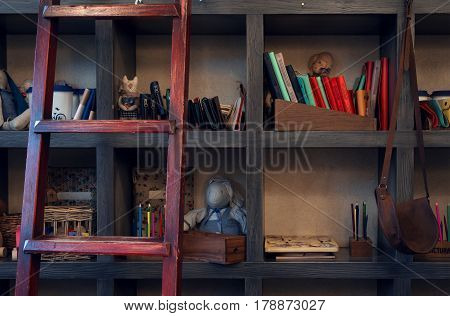 Shelves with different things and red leader
