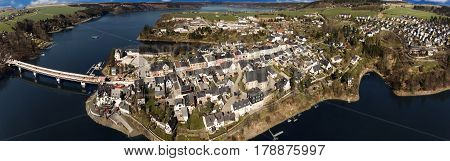 aerial view saalburg thuringia germany saale river town panorama