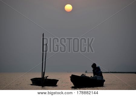 Sun sets at the River Brahmaputra Guwahati Assam
