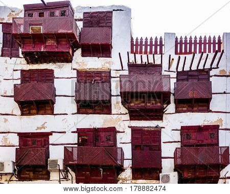 Old Arabian wooden windows on the historical building in Al-balad Jeddah