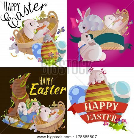 Set of easter chocolate egg hunt bunny with basket on green grass decorated with flowers, cute rabbit funny ears, happy spring season holiday tradition greeting card or banner collection vector illustration on white background.