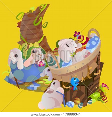 Set of easter chocolate egg hunt bunny with basket on green grass decorated with flowers, cute rabbit funny ears, happy spring season holiday tradition greeting card or banner collection vector illustration on white background.