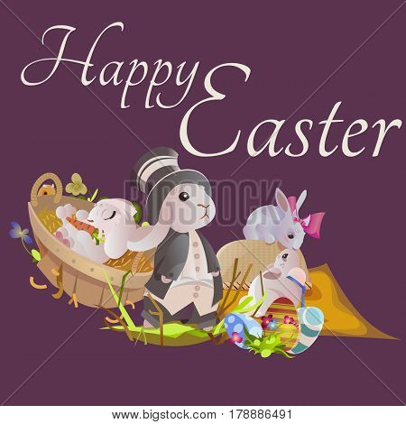 Set of easter chocolate egg hunt bunny with basket on green grass decorated with flowers, cute rabbit funny ears, happy spring season holiday tradition greeting card or banner collection vector illustration on white background.