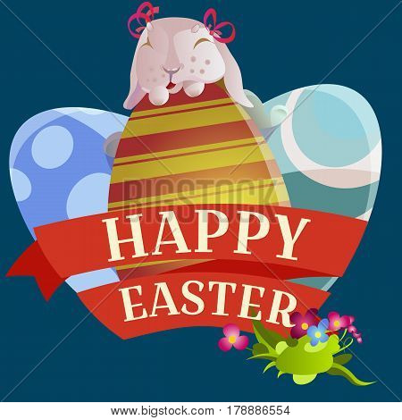 Set of easter chocolate egg hunt bunny with basket on green grass decorated with flowers, cute rabbit funny ears, happy spring season holiday tradition greeting card or banner collection vector illustration on white background.