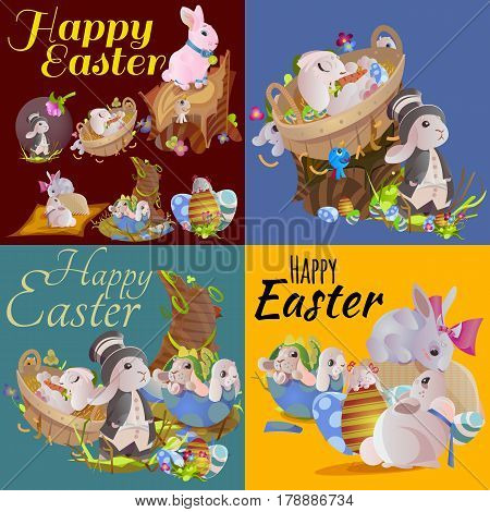 Set of easter chocolate egg hunt bunny with basket on green grass decorated with flowers, cute rabbit funny ears, happy spring season holiday tradition greeting card or banner collection vector illustration on white background.