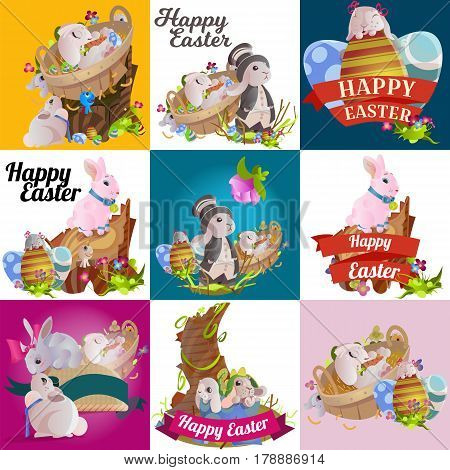 Set of easter chocolate egg hunt bunny with basket on green grass decorated with flowers, cute rabbit funny ears, happy spring season holiday tradition greeting card or banner collection vector illustration on white background.