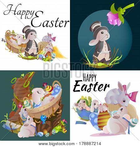 Set of easter chocolate egg hunt bunny with basket on green grass decorated with flowers, cute rabbit funny ears, happy spring season holiday tradition greeting card or banner collection vector illustration on white background.