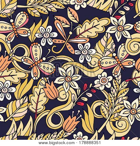 Colorful seamless floral pattern with stylized butterfly and dragonfly.