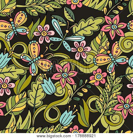 Colorful seamless floral pattern with stylized butterfly and dragonfly.