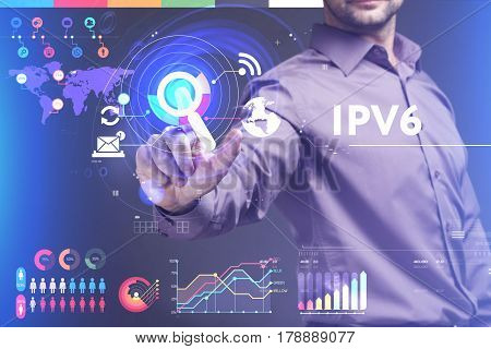 Business, Technology, Internet And Network Concept. Young Businessman Working On A Virtual Screen Of