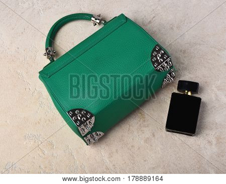 Small Womans Leather Green Bag With Perfume