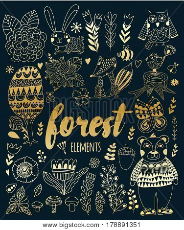 Vector forest elements in doodle childish style, handdrawn animals and insects, trees and plants.